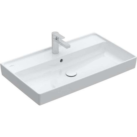 Collaro, Piani lavabo, 800 x 470 mm, Rettangolare, Design registrato, per rubinetteria a 3 fori, foro centrale forato, con troppopieno, TitanCeram, Stone White CeramicPlus (1/4)