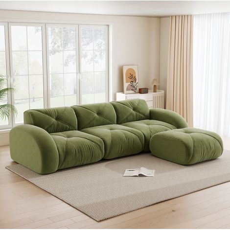 Divano modulare angolare a L 3 posti in ciniglia verde, senza montaggio, con pouf (1/5)