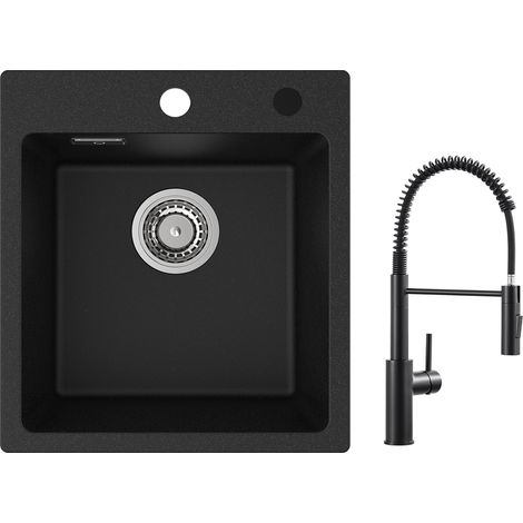 Cecipa Evier Quartz Noir 40x45cm Evier de Cuisine en Granit Evier à Encastrer 1 Vasque + Mitigeur de Cuisine à Ressort avec Douchette Extractible, Robinet Evier 2 Modes de Sortie D'eau, Noir (1/5)