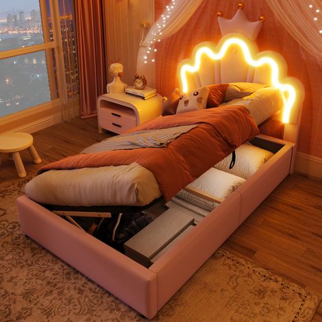 Cama infantil 90x200 con almacenaje, cabecero ajustable, LED, corona, rosa DESVIAE (1/5)