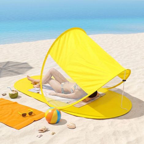 Abri solaire pop-up pour plage et camping – Tente de protection UV – Cadre en anneau en acier – Tissu polyester durable – Dimensions 140x70x65 cm – Parasol portatif (jaune)