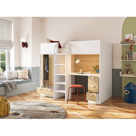 Letto a soppalco 90 x 190 cm con armadio e scrivania Bianco e Naturale + Materasso - CINAMO (1/4)