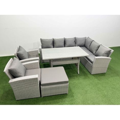 Fimous Rattan Garden Furniture Set Outdoor 9 Seater Patio Dining Corner Sofa Sets with Dining Table Chair Big Footstool Light Grey Mixed (1/4)