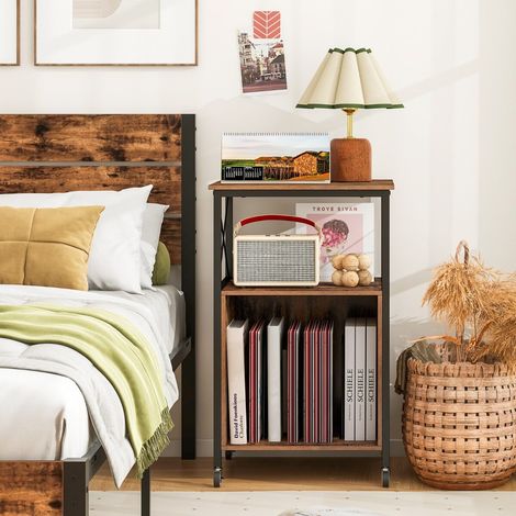 Meuble platine vinyle brun avec station de charge intégrée et séparateurs réglables pour salon, chambre et bureau (1/5)