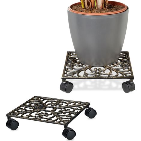 Relaxdays Plant Caddy, Set of 2, Cast Iron, Square, 27.5 x 27.5 cm, Art Nouveau, 4 Wheels, Weatherproof, Bronze
