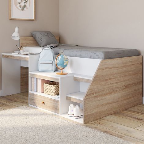 LEOPOLD 90 x 190 cm cama combinada en haya y blanco con somier, escritorio y espacio de almacenamiento