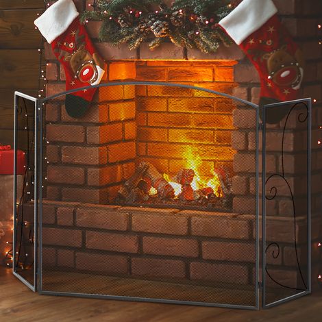 Pantalla de Chimenea Plegable con Bisagras 132,5x76,5 cm ​Estructura de Acero Resistente Malla Decorativa Negro (1/5)