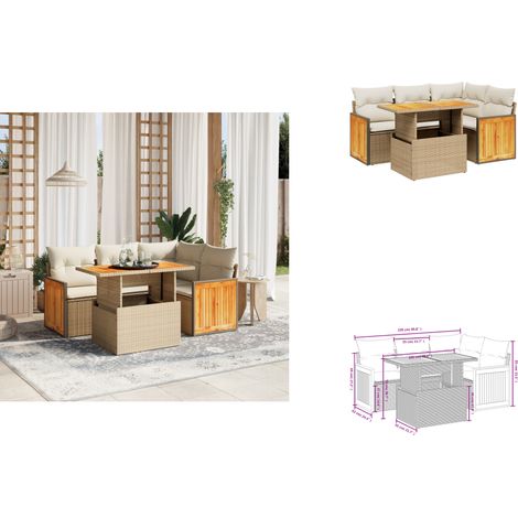Salon de jardin avec coussins 5 pcs beige résine tressée - Ensemble Salon De Jardin - Mobilier Extérieur - Résine Tressée - Rotin Synthétique - Table Extensible (1/3)