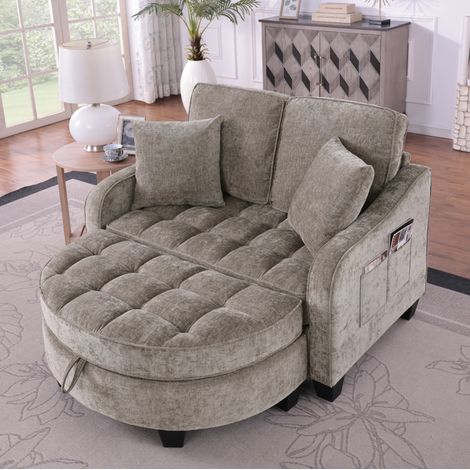 Sofá cama 1 plaza con puf de almacenaje, 132 x 129 x 93 cm, tejido transpirable marrón HAVRYA (1/5)