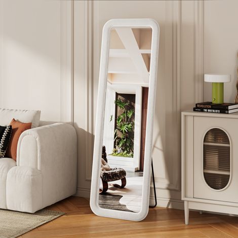 Miroir sur pied rectangulaire arrondi 160x50 cm - Miroir corps entier style romantique avec cadre flanelle - Blanc (1/5)