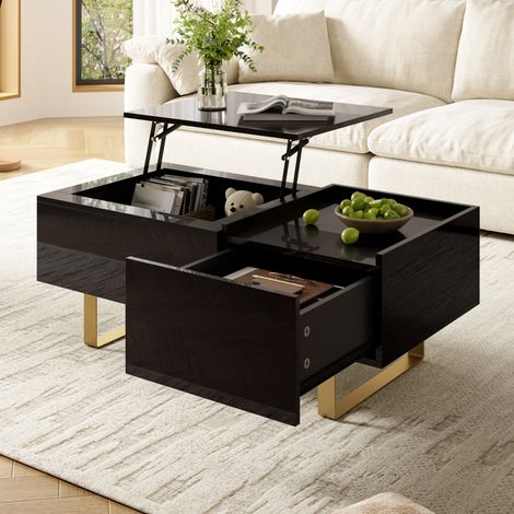 Table basse relevable avec rangement, tiroir et pieds en fer, 100x50x54,5 cm, MDF noir brillant (1/5)