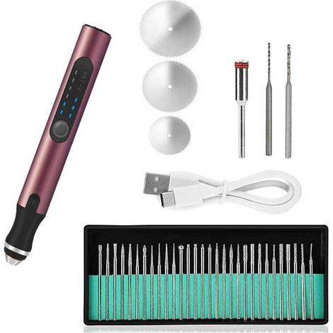 Stylo à graver électrique, 3 vitesses réglables, kit d'outils de gravure sans fil rechargeable, 39 pièces (rose) (1/5)