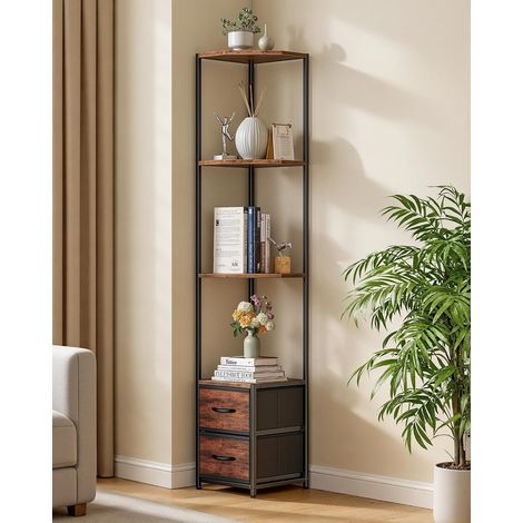 Étagère d’Angle de Rangement, 63,4'' de Haut 6 Niveaux avec 2 Tiroirs en Tissu, Étagère de Bibliothèque Autonome pour Salon Chambre Cuisine Salle de Bain, Noir + Marron (1/5)