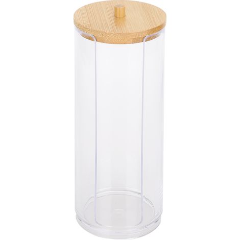 Transparentes, zylindrisches Vorratsglas für Gewürze und Wattestäbchen mit Bambusdeckel (seitliche Öffnung)