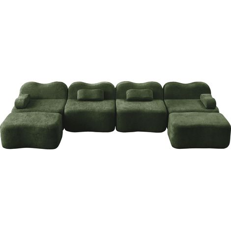 Canapé modulaire sans armature en U 4 places avec 2 ottomans, forme ondulée, mousse haute densité 32D, coussin d'accoudoir mobile, tissu doux, pour le salon, vert (1/5)