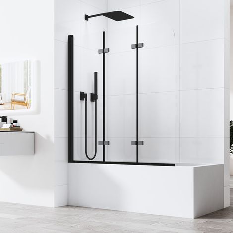 Duschwand für Badewanne 130x140cm Duschwand Badewanne Badewannenaufsatz Duschabtrennung Faltbar Badewannenfaltwand Duschtrennwand Badewanne mit 6mm NANO ESG Glas, Schwarz (1/5)