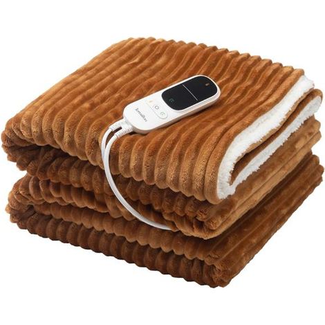Manta eléctrica 180x130 - 140w - 9 temperaturas 29/45°C - Apagado automático - Reversible sherpa/flannel - Lavable a máquina 30°C - Caramelo - Té