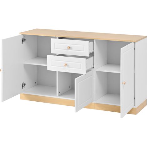 Credenza Sideboard a 3 porte e 2 cassetti bianca e effetto legno MODENUIT (1/5)
