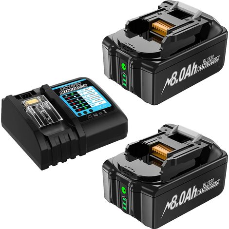 Ersatzakku, 8000 mAh Kapazität, kompatibel mit 18-V-Werkzeugen, 2 x 8,0 Ah 4-A-Ladegerät (1/2)