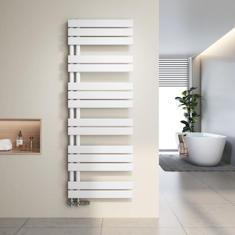 Heilmetz Radiador toallero de agua caliente 138,5 x 50 cm, 661 W, Blanco, Diseño asimétrico, Tubos planos, Conexión lateral