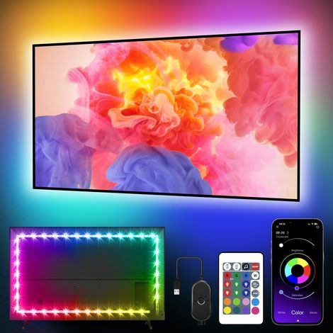 Ruban LED TV, RGB Bande Lumineuse LED pour TV 4M pour 55"- 75" TV, Musique Sync Bluetooth APP et Télécommande TV LED Strip USB Alimenté convient pour les chambres, les jeux, Festivals (1/5)