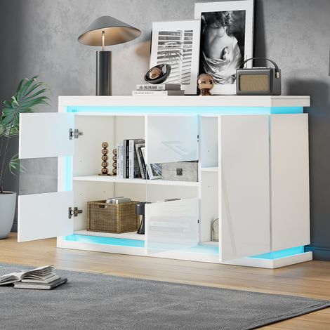 Aparador de cocina MODFU-LED, mueble de almacenaje para salón, con estantes regulables, 140×40×84 cm, 3 puertas (1/5)