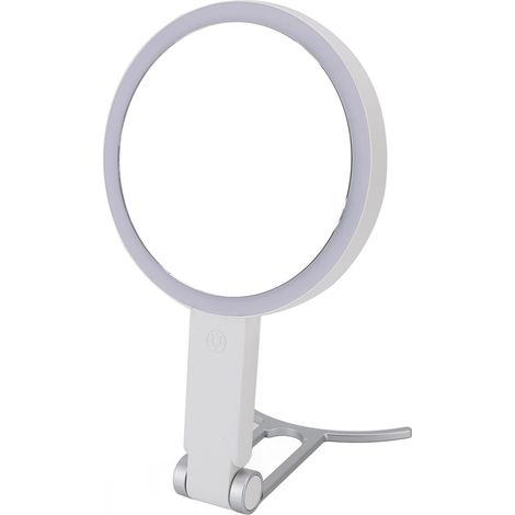 Miroir de maquillage LED à intensité variable, grossissement 1x/10x, portable, de voyage, avec poignée en forme de C blanche (1/5)