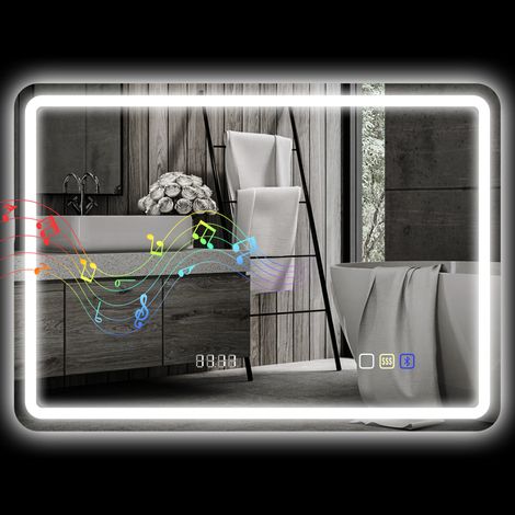 Miroir salle bain led 70x50 cm bluetooth 3 couleurs horloge numérique anti-buée mémoire (1/4)