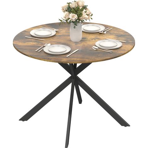 Table de salle à manger ronde pour 4 personnes, style industriel, pieds en acier, marron rustique, idéale pour la cuisine ou la salle à manger.