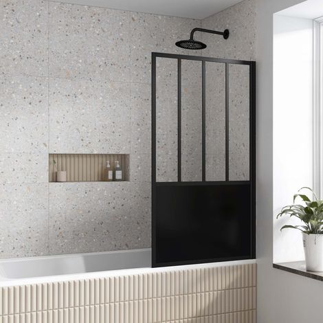 Parete vasca girovele 130x75cm Stile Industriale - Profilo nero - Vetro temperato - GLASSY SCREEN (1/4)