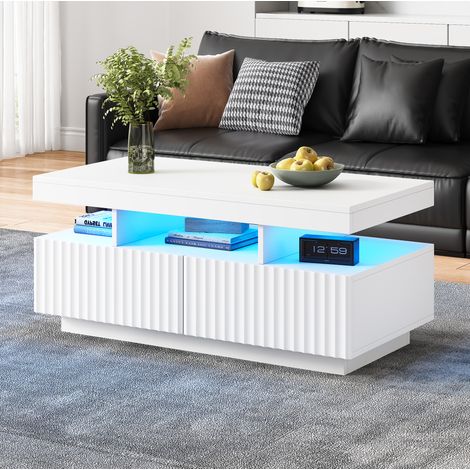 Tavolino in truciolato 100 x 50 x 45 cm bianco con 2 cassetti e luce LED (1/5)