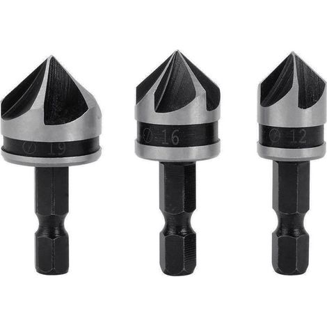 3pcs 1/4" Hex HCS Fraise à Chanfreiner 5 Flûte Foret Embouts pour phanfreiner Évier à Fraise Conique 12mm/16mm/19mm Pour Bois Métal (1/4)