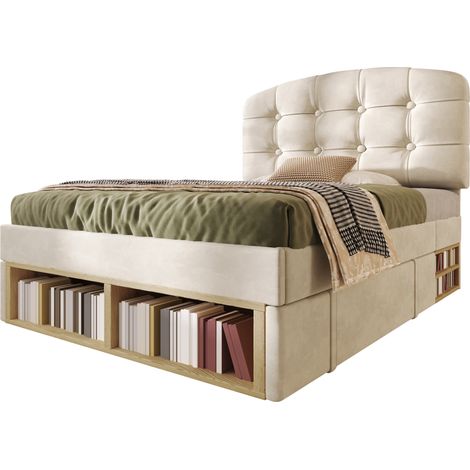 Letto singolo 90x200 in velluto beige con rete, testiera regolabile e contenitori, HOMVRA (1/5)