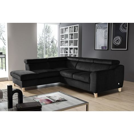 - Canapé d'angle en tissu luxe 5 places, ASHLEY, noir, angle gauche (vu de face) (1/4)