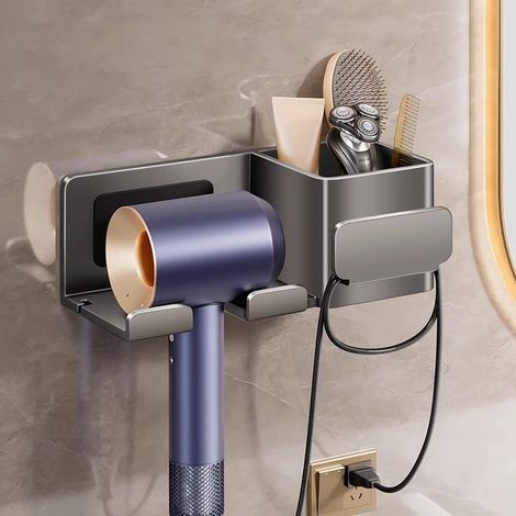 royaluxe - Porte Seche Cheveux Mural pour Hôtel de Chambre à Rangement Salle de Bain, Porte Seche Cheveux sans Percage avec Range-Câbles, Gris