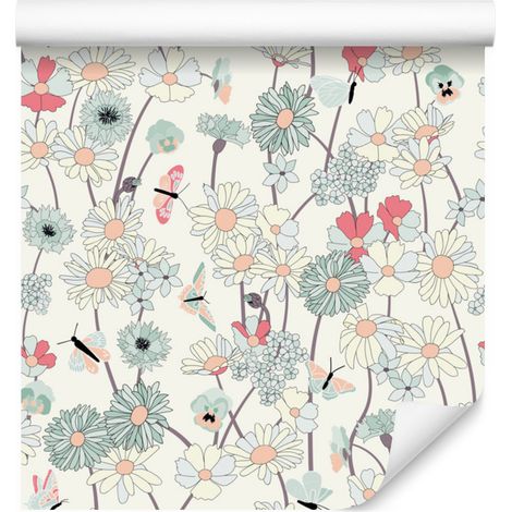 Papel pintado Flores de pradera con mariposas para salón y dormitorio, 50x1000 cm (1/5)