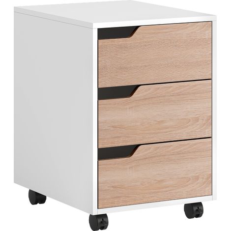Caisson de rangement mobile pour bureau, meuble roulant à 3 tiroirs, dimensions 40x50x57,5 cm, blanc chêne