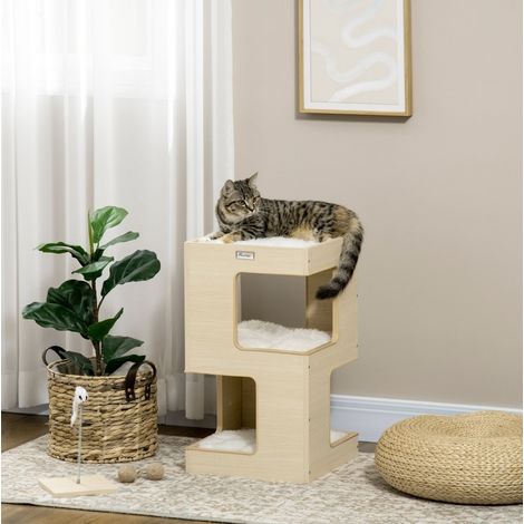 Árbol para gatos con nicho 34 x 34 x 60 cm, con juguete, natural y gris claro OKMYHOME (1/5)