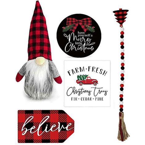 Plateau à étages décoratif de Noël avec gnome et Père Noël, panneaux en bois pour centre de table.