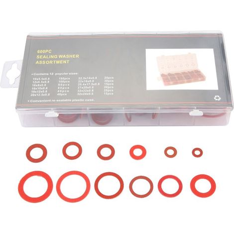 Kit of washers plates in Fiber of paper in steel red, 600 pieces, 12 sizes, washer insulation, set assorted with box (1/5)