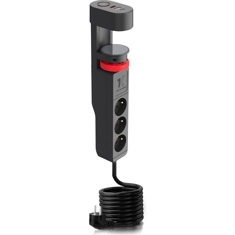 Multiprise 3 prises avec 3 ports de charge USB (1 USB C) - Multiprise avec clip de table - Multiprise USB C PD20W avec câble de 2 m - Pour smartphones, ordinateurs portables, iPad - Noir (1,95 m) (1/5)