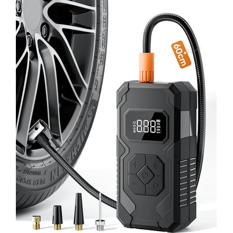 Autoreifenfüller, kabelloser tragbarer Luftkompressor, 150 PSI (10,3 bar), elektrische Fahrradpumpe, automatische Abschaltung, LED-Licht, mit 60 cm Schlauch, Schwarz
