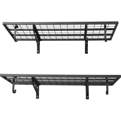 Étagère murale garage 2 niveaux, acier robuste 610 x 1219 mm, support mural avec crochets, capacité totale 227 kg, rangement métallique flottant. (1/5)