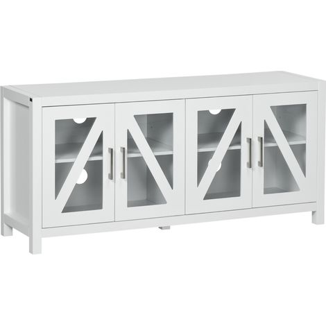 Meuble TV salon pour téléviseurs jusqu'à 58 pouces avec 4 portes en verre et étagères ajustables 130x35x60 cm blanc (1/5)