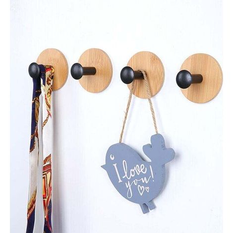 4-Pack Self-Adhesive Hooks (Black), Reusable Seamless Bamboo Hooks, Durable Adhesive Hooks, Hooks for Bedroom, Kitchen, Bathroom. MUMU (1/4)