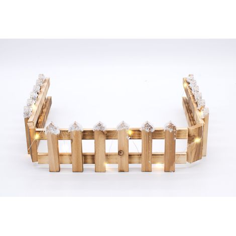 Holz Dekozaun mit 15 LED in warm weiß - 90 x 10 cm - Mini Gartenzaun mit Kunstschnee - Tischdeko Winter Gatter Weihnachtsdeko beleuchtet Batterie betrieben mit Timer