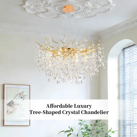 Grosse Kristall Haengeleuchte Gold 80 cm elegante Pendelleuchte mit E14 Fassung und K9 Kristallen hoehenverstellbare Deckenlampe fuer Esszimmer Wohnzimmer