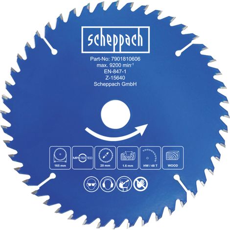 Scheppach Lame de scie circulaire HW - Ø165 mm - 48 dents - Alésage 20 mm - Pour bois, OSB et panneaux agglomérés