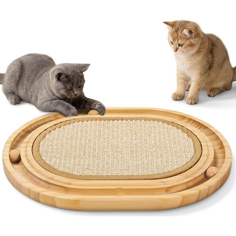 Interactif 2-en-1 Griffoir pour Chat sisal Ovale, Circuit de Balle en Bois avec 3 Billes Roulantes, Tapis griffoir Chat Anti-Dérapant (1/5)