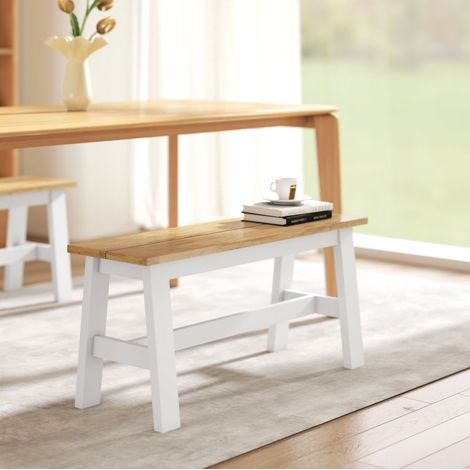 Banc 2 places 95x30x45 cm blanc et décor chêne, barre stabilisatrice, en bois d’hévéa MEUBLIV (1/5)